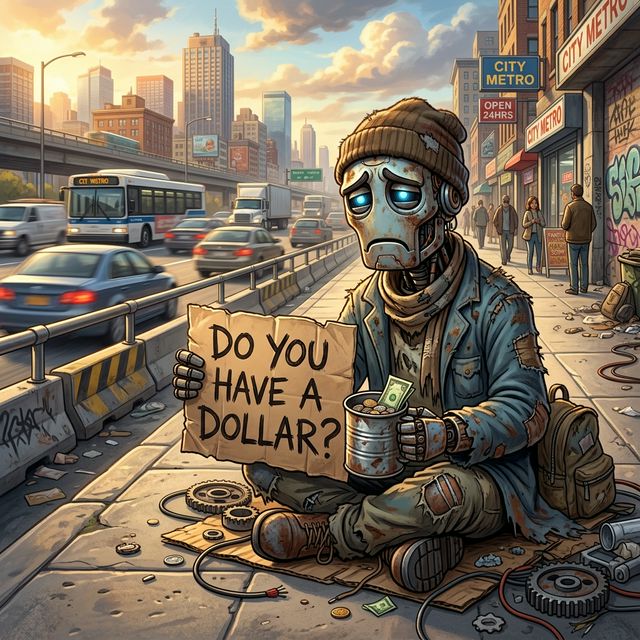 AI robot panhandler on a busy highway sidewalk holding a cardboard sign